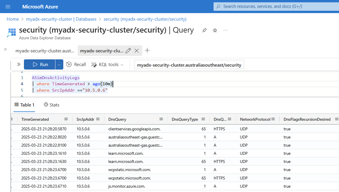 ADX ASIM DNS logs